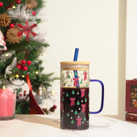 Bow and Little Christmas Tree Glass Tumbler with Handle & Bamboo Lid – Set of 2 | Festive Holiday Design with Straw