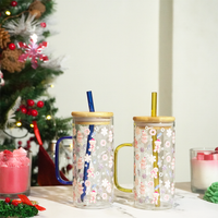 Christmas Ginger Bread with Minis Glass Tumbler with Handle & Bamboo Lid – Set of 2 | Festive Holiday Design with Straw