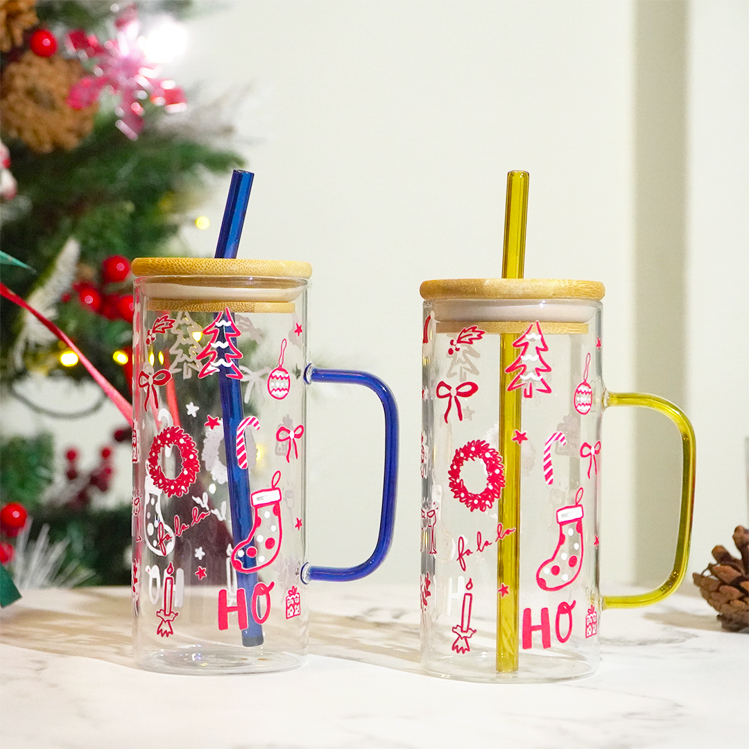 Christmas Glass Tumbler with Handle & Bamboo Lid – Set of 2 | Festive Holiday Design with Straw
