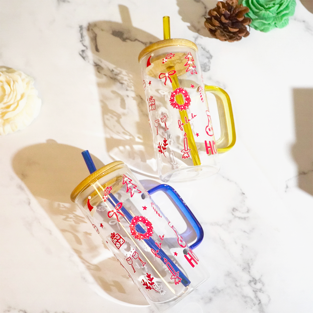 Christmas Glass Tumbler with Handle & Bamboo Lid – Set of 2 | Festive Holiday Design with Straw