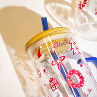 Christmas Glass Tumbler with Handle & Bamboo Lid – Set of 2 | Festive Holiday Design with Straw