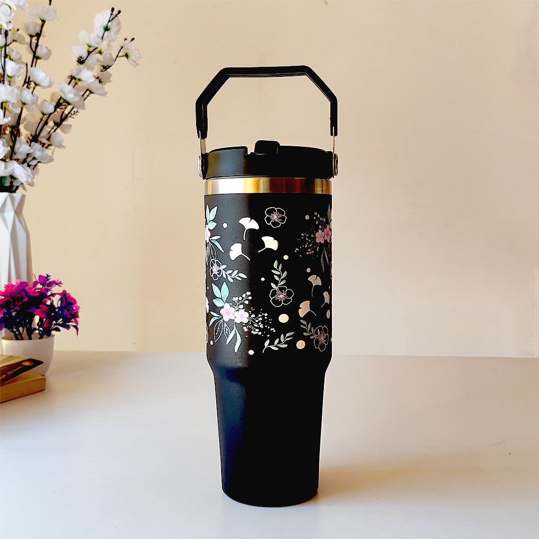 “Elegant Black Floral Tumbler – Leak-Proof & Stylish”