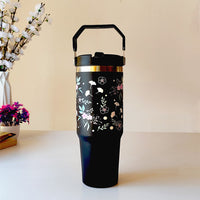 “Elegant Black Floral Tumbler – Leak-Proof & Stylish”