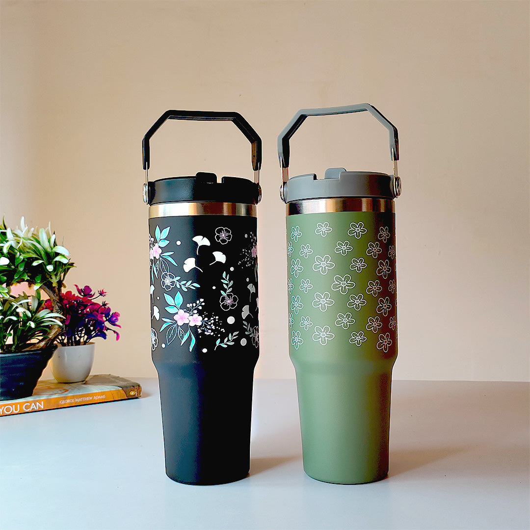 “Elegant Black Floral Tumbler – Leak-Proof & Stylish”