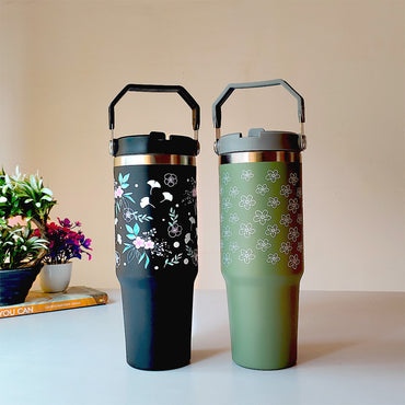 “Elegant Black Floral Tumbler – Leak-Proof & Stylish”
